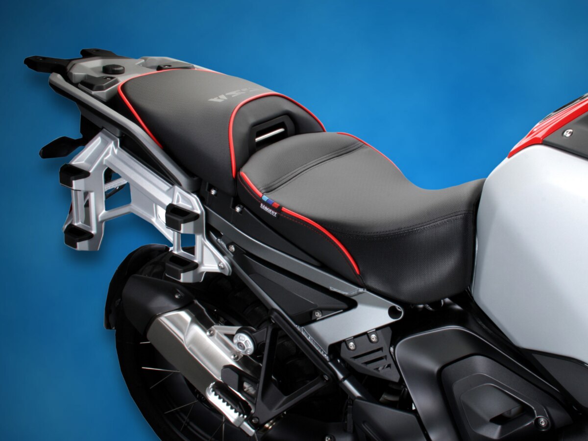 Sargent Cycle Products' Performance Plus Motorcycle Seat for the R1300 GSA BMW in all black (shown with Racing Red accents).